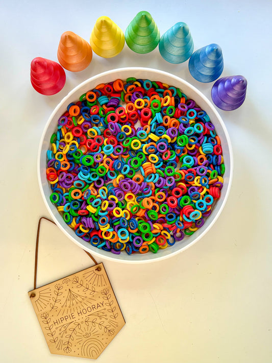 Hippie Hooray rainbow ring pasta and wooden play bowls and trees